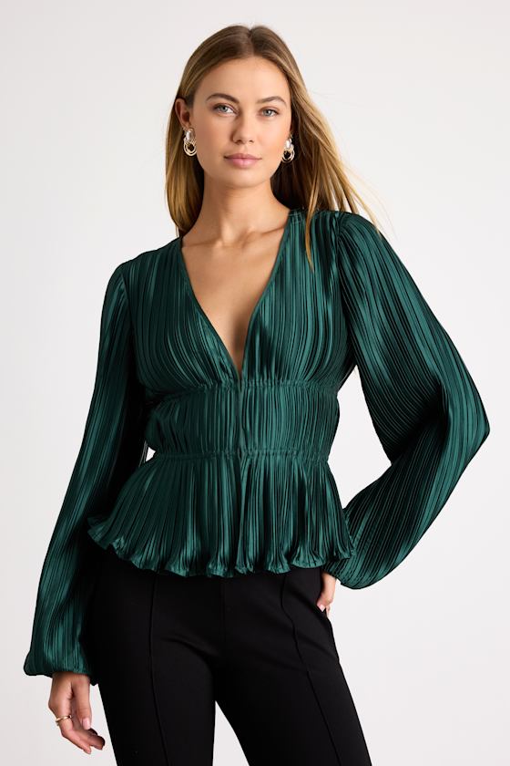 Emerald Plisse Top - Hook-and-Eye Top - Balloon Sleeve Blouse Top