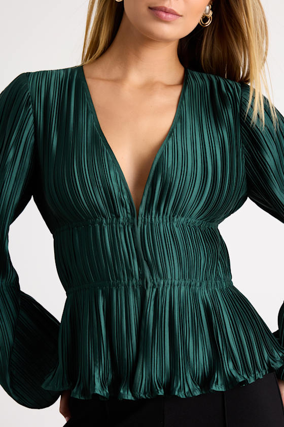 Emerald Plisse Top - Hook-and-Eye Top - Balloon Sleeve Blouse Top