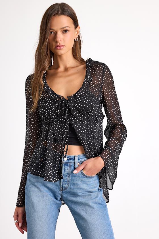 Laelia Black Polka Dot Sheer Tie-Front Long Sleeve Top 1