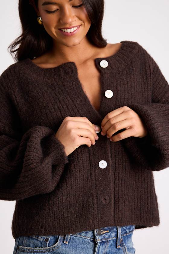 Marsden Heathered Brown Boxy Cardigan Sweater 1