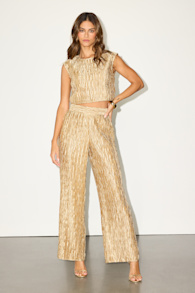 Yukara Gold Textured High-Rise Wide-Leg Pants 1