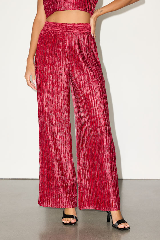 Yukara Wine Red Textured High-Rise Wide-Leg Pants 2