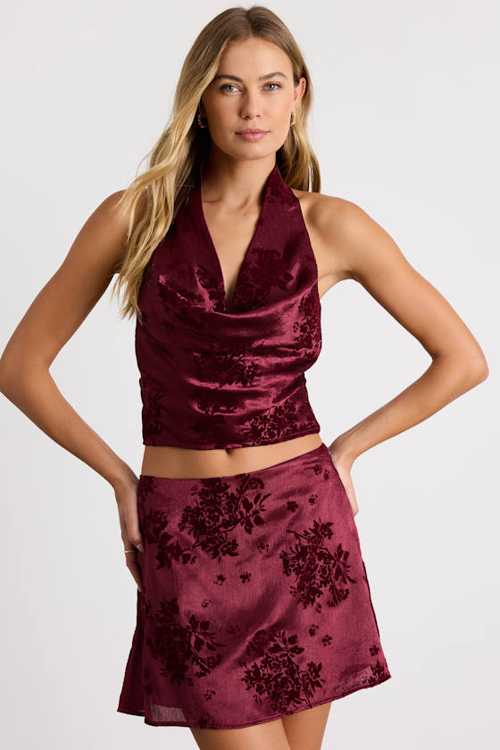 Corvina Burgundy Satin Jacquard Mini Skirt 1