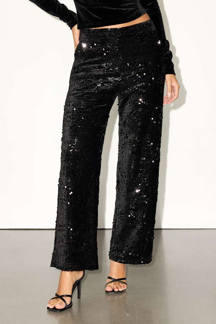 Telicia Black Velvet Sequin Mid-Rise Straight Leg Pants
