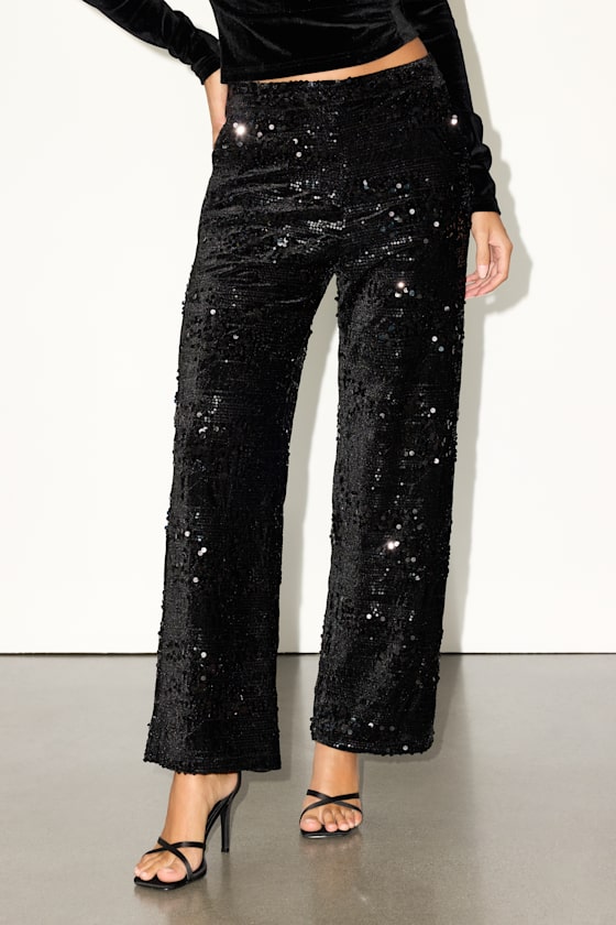 Telicia Black Velvet Sequin Mid-Rise Straight Leg Pants 2