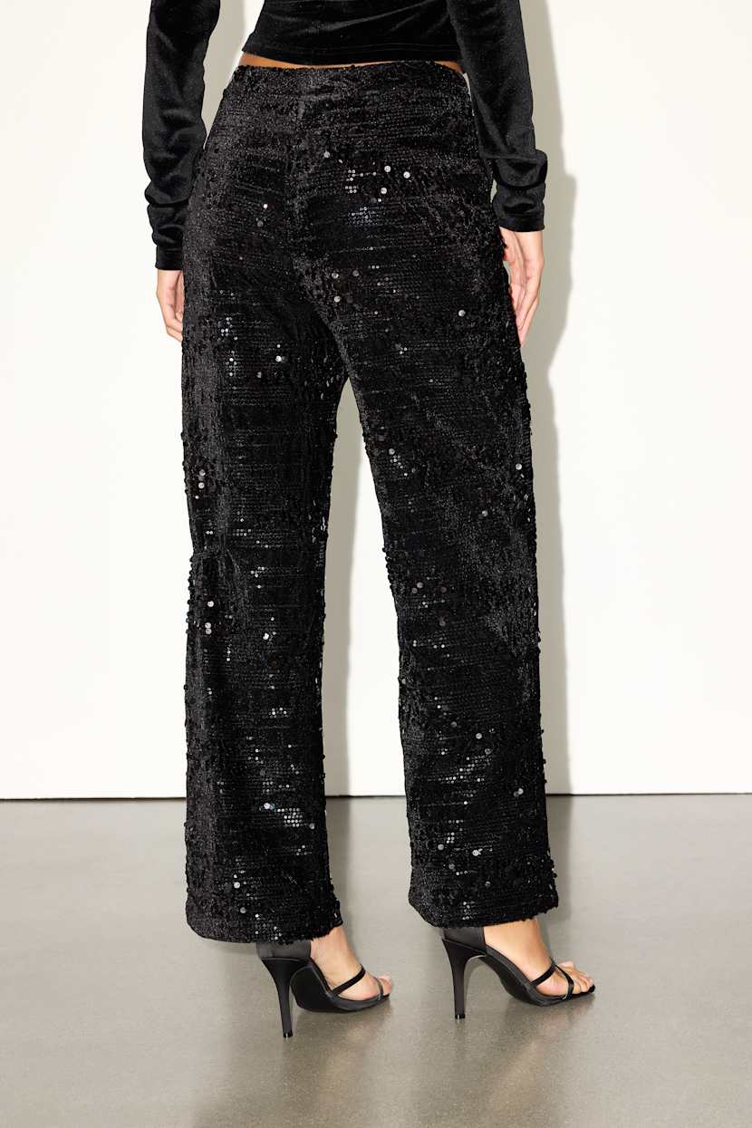 Telicia Black Velvet Sequin Mid-Rise Straight Leg Pants