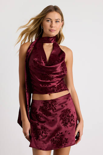 Corvina Burgundy Satin Jacquard Cowl Sash Tank Top 1