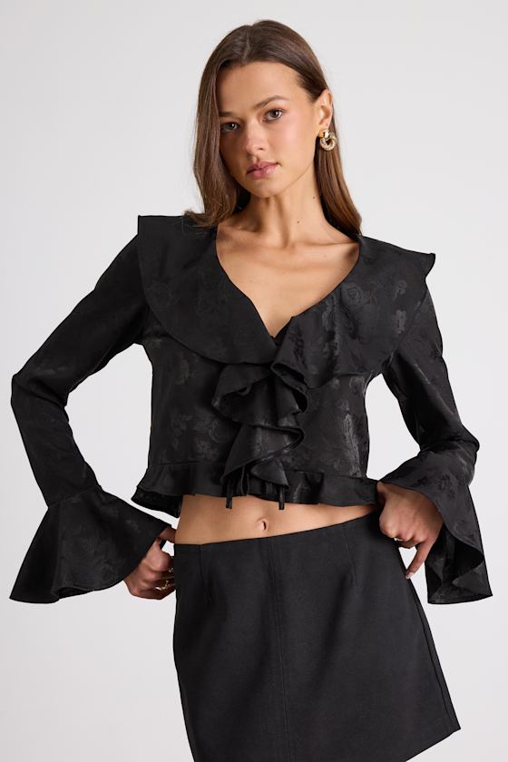 Esmina Black Jacquard Ruffled Tie-Front Top 1