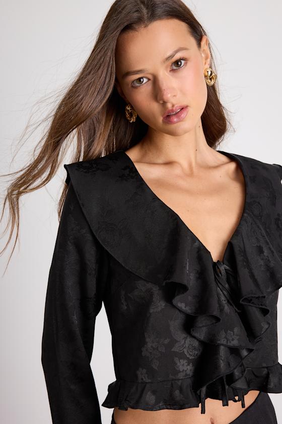 Esmina Black Jacquard Ruffled Tie-Front Top 5