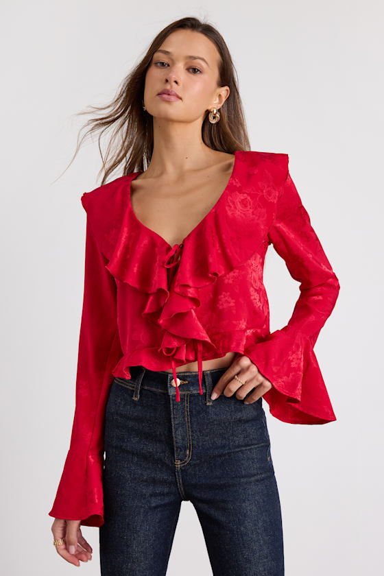 Esmina Red Jacquard Ruffled Tie-Front Top 1