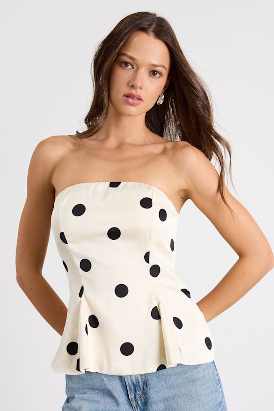 Huttley Ivory Polka Dot Strapless Peplum Top 1