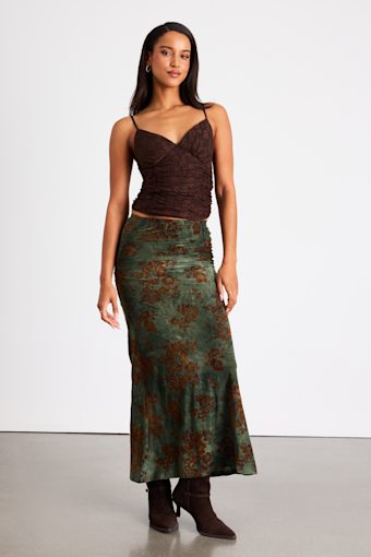 Milian Dark Green Burnout Velvet Ruched Mid-Rise Maxi Skirt 1