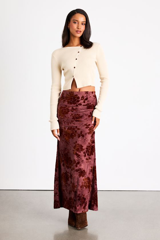 Milian Burgundy Burnout Velvet Ruched Mid-Rise Maxi Skirt 1