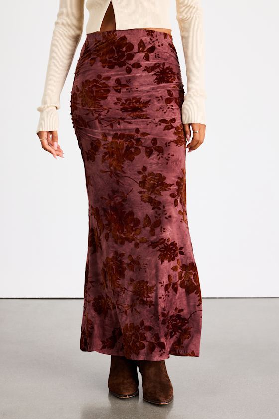 Milian Burgundy Burnout Velvet Ruched Mid-Rise Maxi Skirt 2