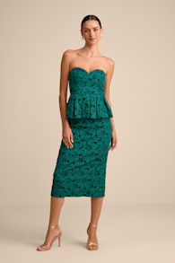 Frederica Emerald Green Floral Jacquard Peplum Midi Dress 1