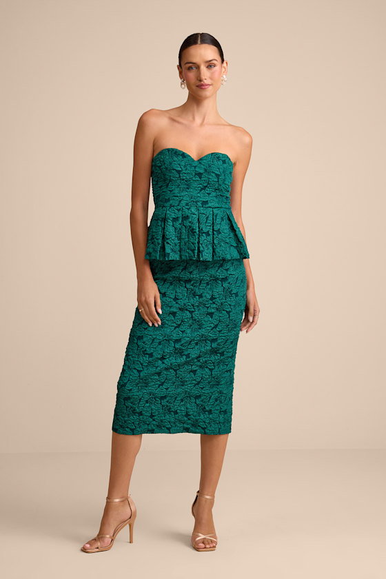 Frederica Emerald Green Floral Jacquard Peplum Midi Dress 1