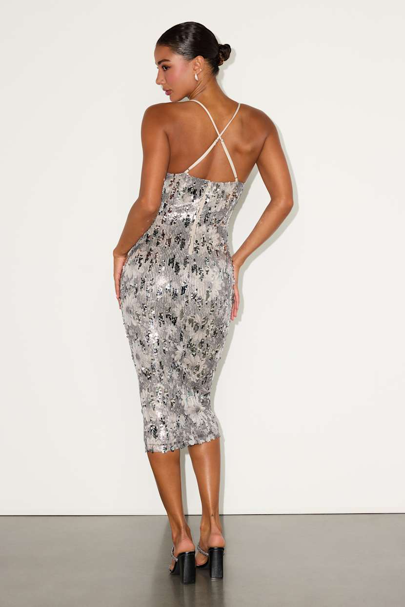 Kimma Silver Multi Sequin Cowl Neck Midi Dress