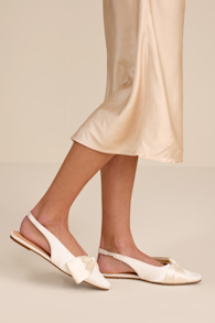 Kyleigh White Satin Bow Slingback Flats 1