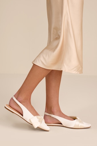 Kyleigh White Satin Bow Slingback Flats 1