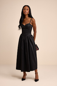 Goodwin Black Taffeta Tie-Strap Bustier Midi Dress 1