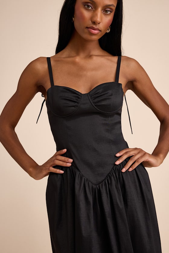 Goodwin Black Taffeta Tie-Strap Bustier Midi Dress 2