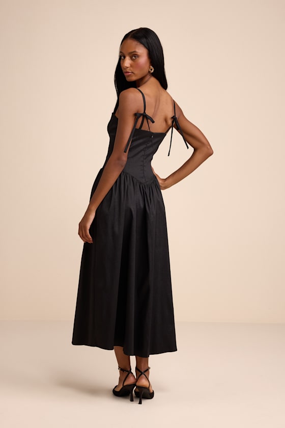 Black Taffeta Dress - Tie-Strap Dress - Bustier A-Line Dress - Lulus