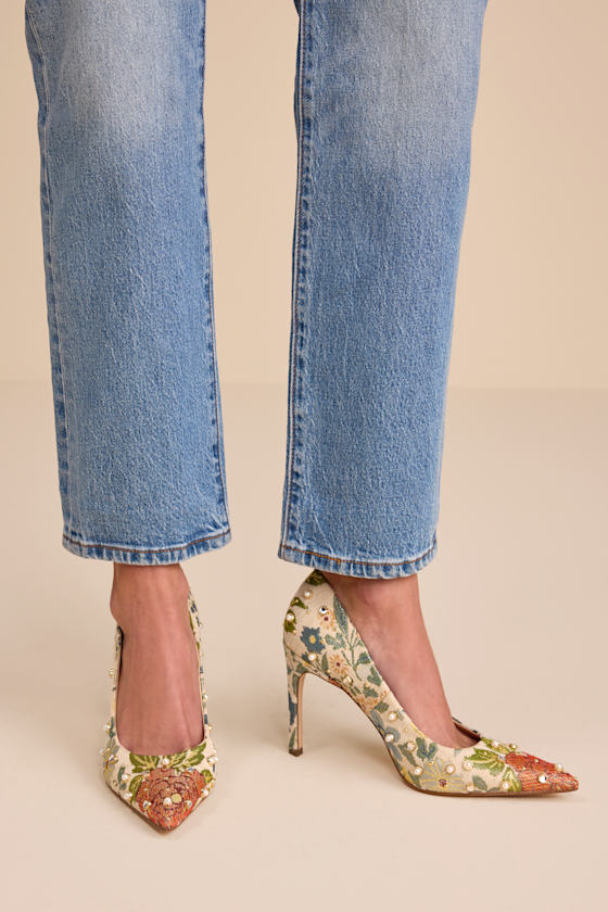Wellica Cream Floral Jacquard Pearl Pointed-Toe Pumps 1