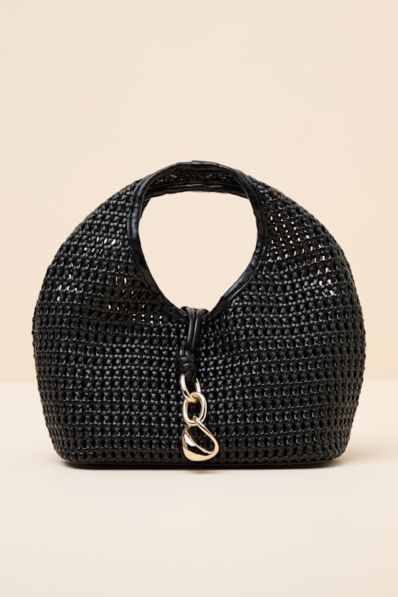 Dahlia Black Vegan Leather Woven Top Handle Bag 1