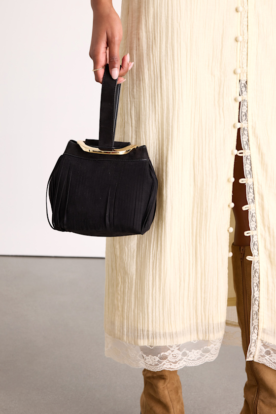 Dolce Vita Bruny Bag - Black Suede Bucket Bag - Suede Fringe Bag