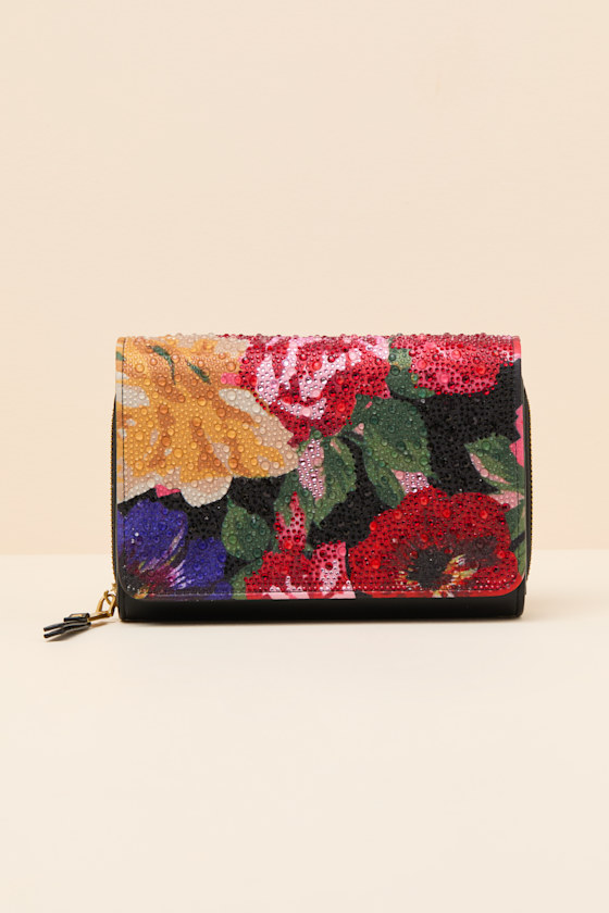 Floral Rhinestone Black Multi Wallet Clutch 1