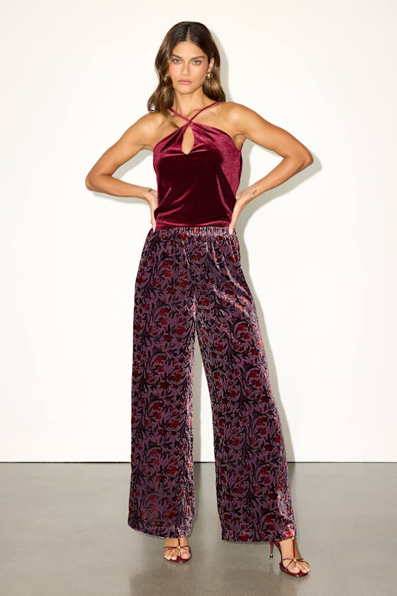 Purple Multi Floral Pants - Floral Velvet Pants - Wide-Leg Pants