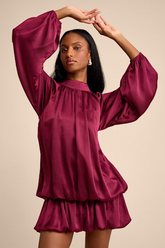 Nagaina Burgundy Satin Drop Waist Bubble-Hem Mini Dress 1