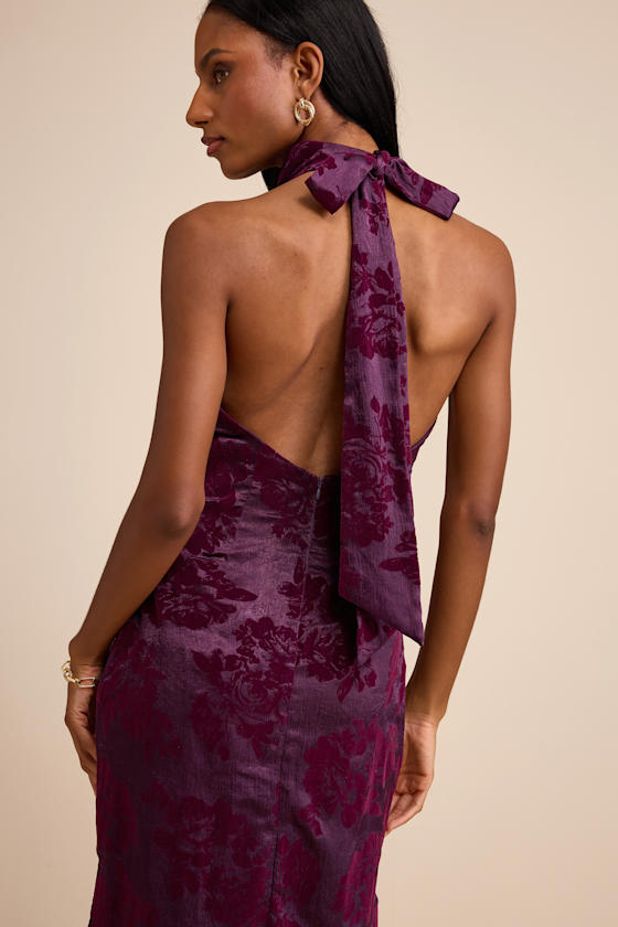 Kyliana Plum Purple Satin Burnout Velvet Halter Maxi Dress 1