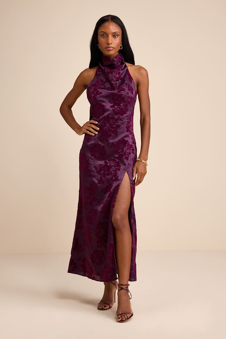 Kyliana Plum Purple Satin Burnout Velvet Halter Maxi Dress