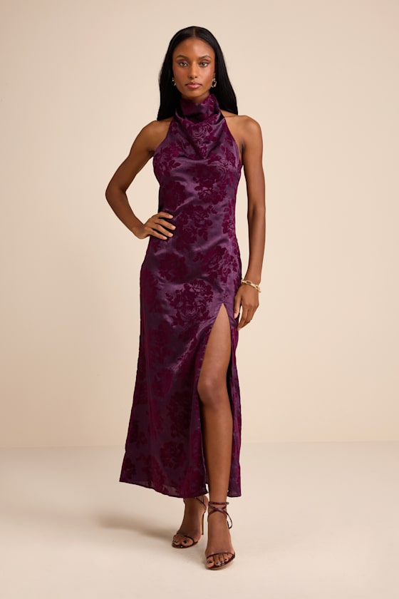 Kyliana Plum Purple Satin Burnout Velvet Halter Maxi Dress 2