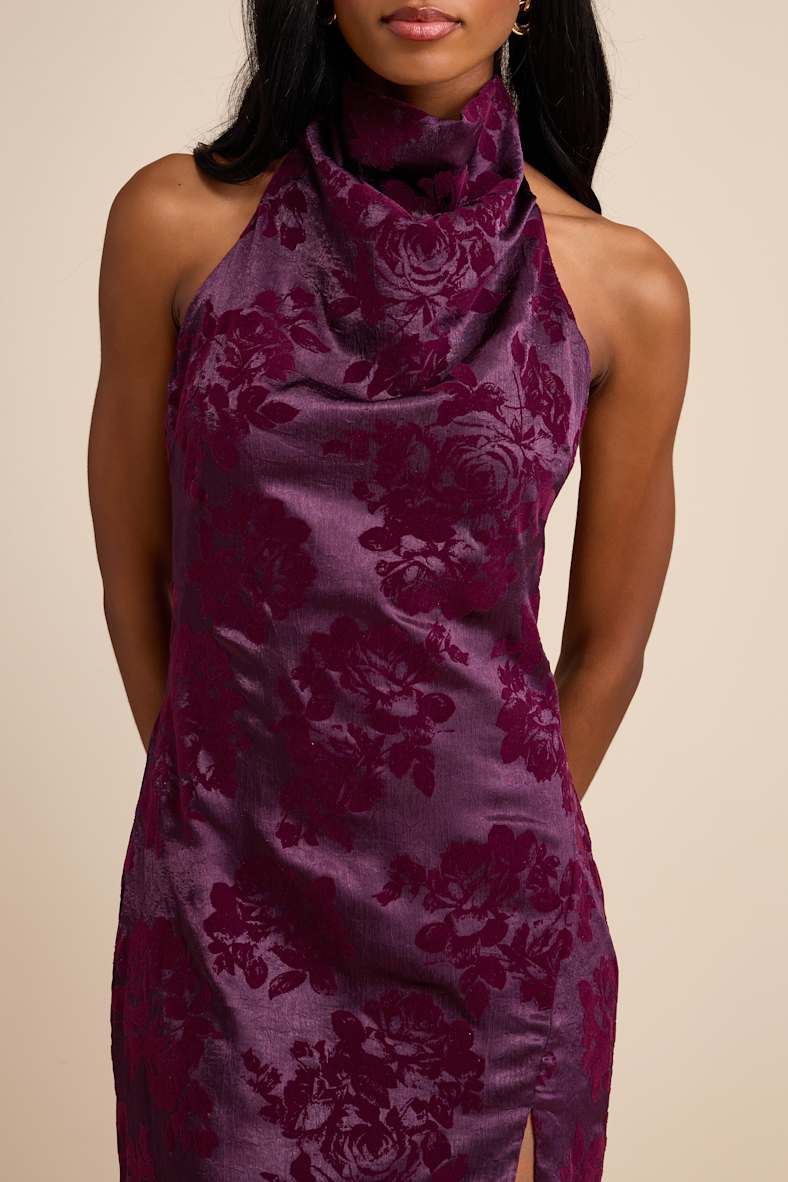 Kyliana Plum Purple Satin Burnout Velvet Halter Maxi Dress