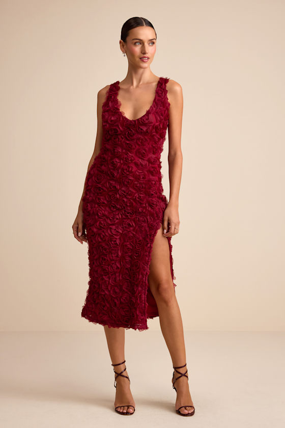 Aniston Wine Red Rosette Sleeveless Midi Dress