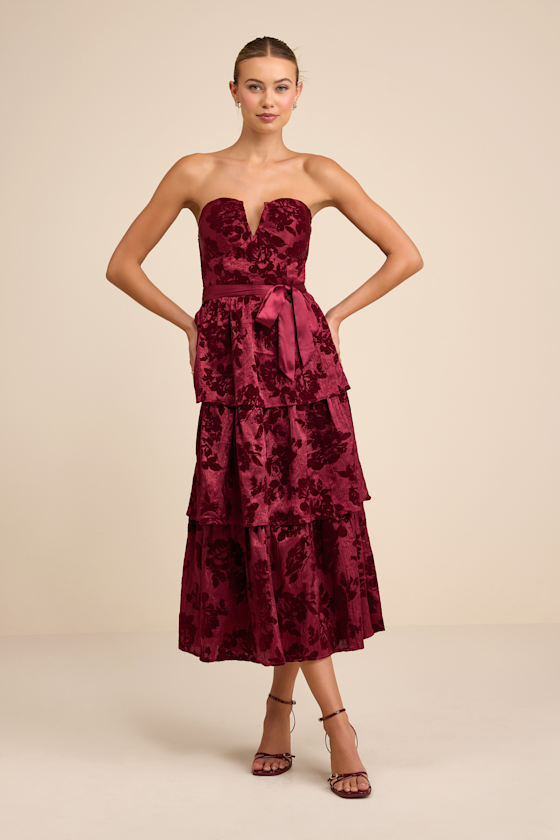 Image of Dorina Burgundy Shadow Print Strapless Tiered Midi Dress