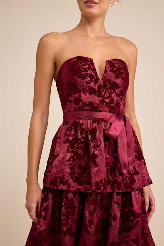 Dorina Burgundy Shadow Print Strapless Tiered Midi Dress 2