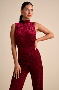 Micola Red Velvet Jacquard Mock Neck Jumpsuit 1