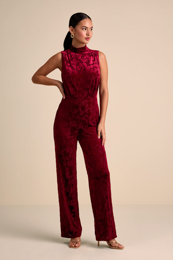 Micola Red Velvet Jacquard Mock Neck Jumpsuit 2