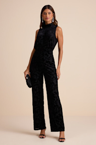 Micola Black Velvet Jacquard Mock Neck Jumpsuit 1