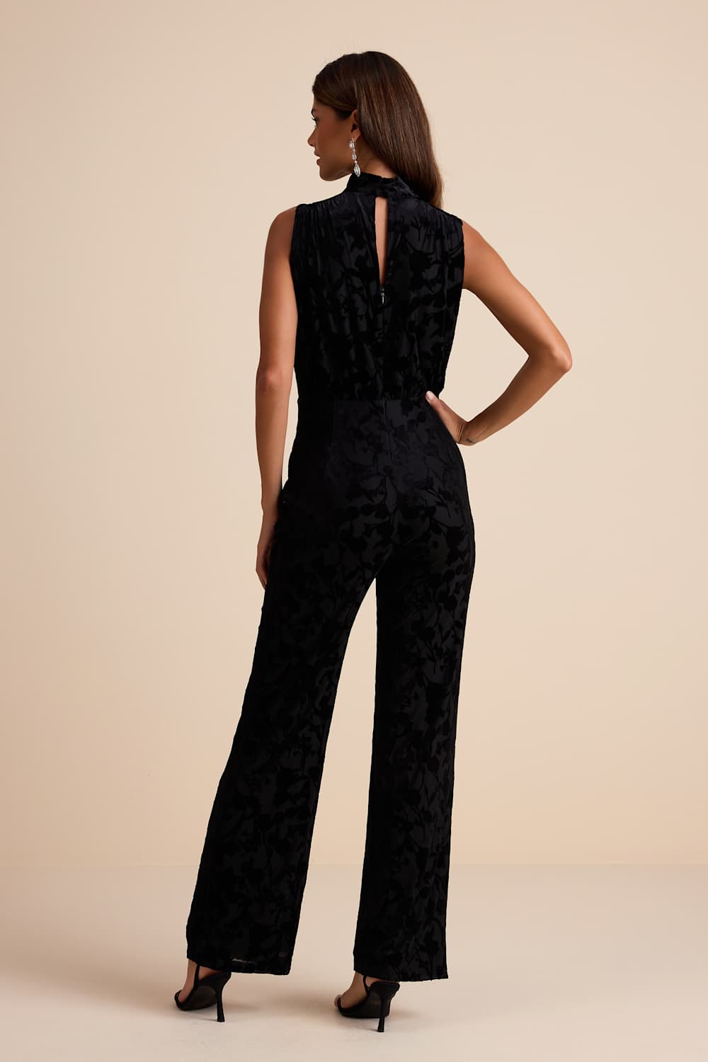 Micola Black Velvet Jacquard Mock Neck Jumpsuit