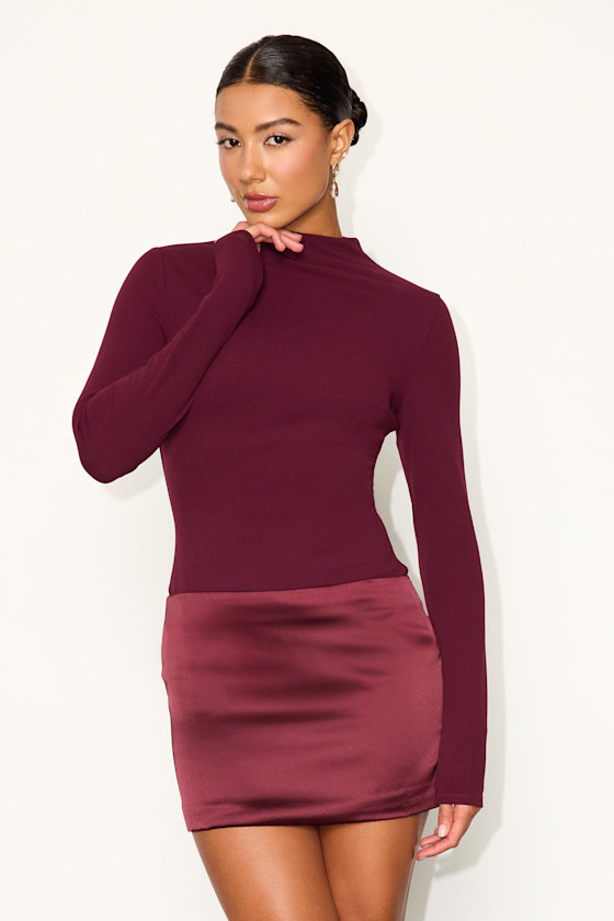 Image of Azmina Wine Red Mixed Media Long Sleeve Bodycon Mini Dress