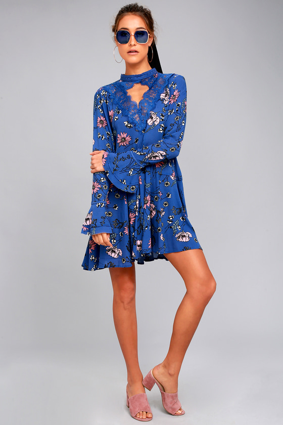 New You Royal Blue Floral Print Lace Long Sleeve Swing Dress