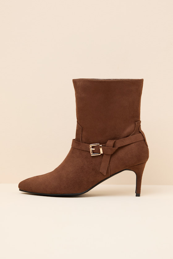 Jonelle Chocolate Suede Buckle High Heel Booties 1