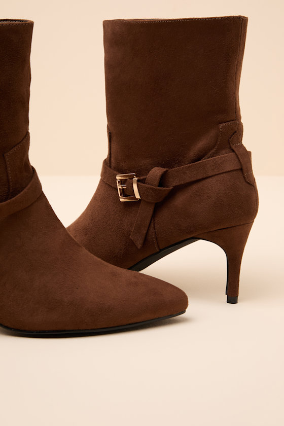 Jonelle Chocolate Suede Buckle High Heel Booties - thumbnail 4
