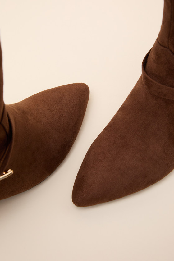 Jonelle Chocolate Suede Buckle High Heel Booties - thumbnail 5