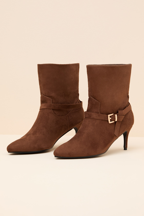 Jonelle Chocolate Suede Buckle High Heel Booties - thumbnail 6