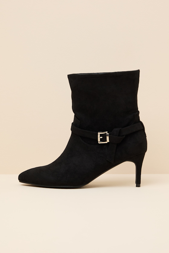 Jonelle Black Suede Buckle High Heel Booties 1